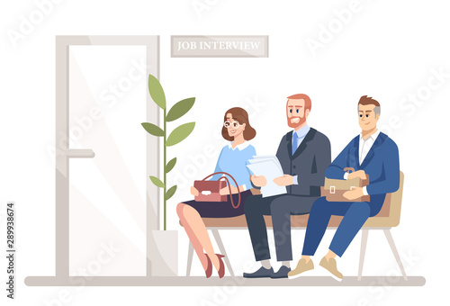 People waiting for job interview flat vector illustration. Smiling men, woman, vacancy candidates sitting under HR manager office door. Unemployed isolated cartoon characters on white background