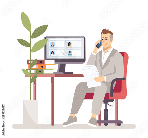 HR manager searching vacancy candidate flat vector illustration. Employment service. Employer choosing worker. Recruiter calls applicant isolated cartoon character on white background