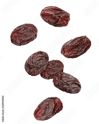 Falling raisin isolated on white background, clipping path, full depth of field photo