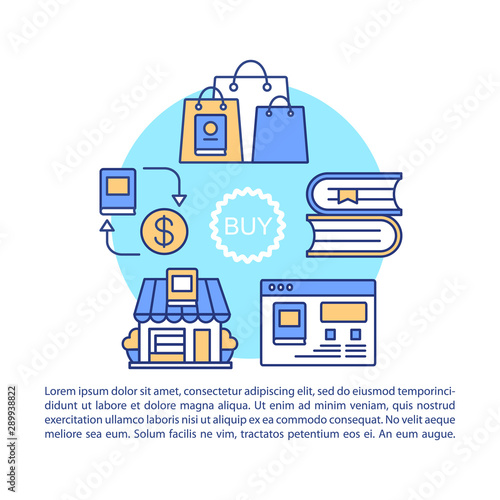 Digital bookstore article page vector template. Brochure, magazine, booklet design element with linear icons. Online library, website store. Print design. Concept illustrations with text