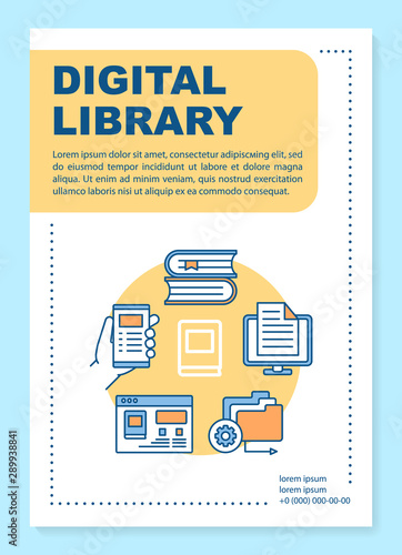 Digital library poster template layout. Banner, booklet, leaflet print design with linear icons. Online e-library. Internet bookstore. Vector brochure page layouts for magazines, advertising flyers