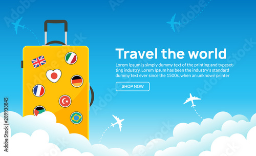 Travel tourism banner background. Luggage fun tour and bag, airplane travel design