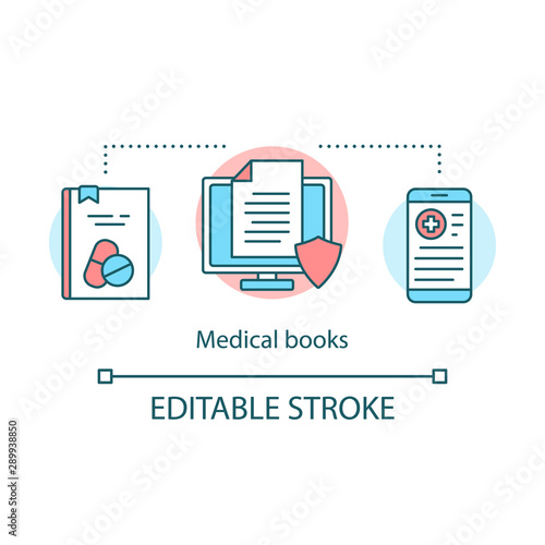 Medical books concept icon. Clinical studies literature idea thin line illustration. Health treatment and recommendations. Online therapeutic receipts. Vector isolated outline drawing. Editable stroke