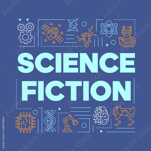 Science fiction word concepts banner. Presentation, website. Futuristic scientific technologies. Isolated lettering typography idea with linear icons on blue. Vector outline illustration