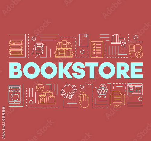 Bookstore word concepts banner. Buying books online. Presentation, website. Purchasing in internet bookshops. Isolated lettering typography idea with linear icons on red. Vector outline illustration