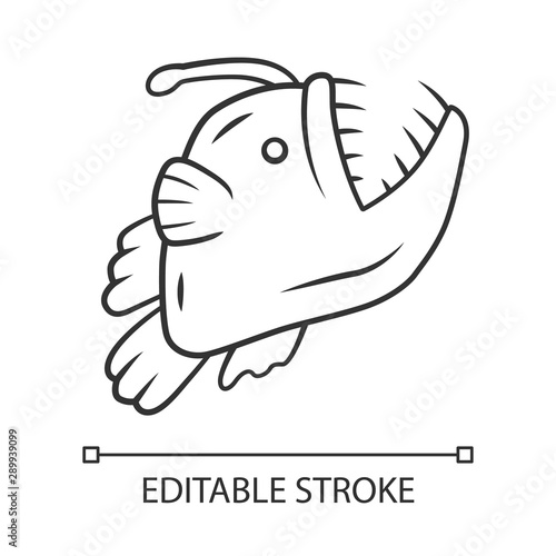 Anglerfish linear icon. Swimming goosefish. Ocean monster, undersea animal with open mouth. Marine predator. Thin line illustration. Contour symbol. Vector isolated outline drawing. Editable stroke