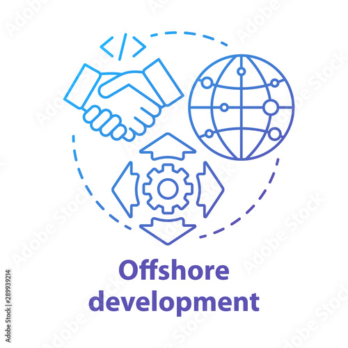 Offshore development concept icon. Recruiting freelancers from around world. International IT business company idea thin line illustration. Vector isolated outline drawing