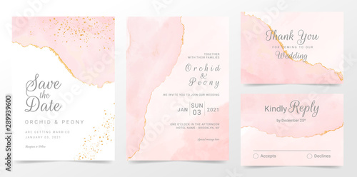 Rose gold wedding invitation cards template set. Artistic watercolor background of pink brush stroke splash. Abstract foil design