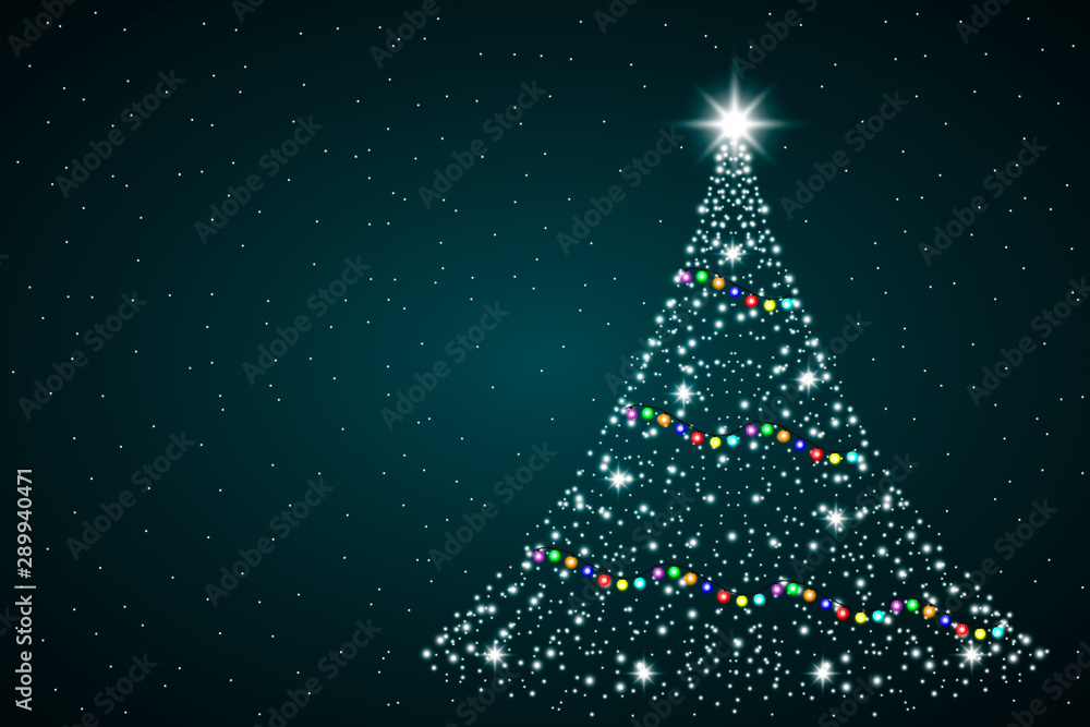 Sparkle magic christmas tree light. Greeting card Merry Christmas and Happy New Year. Vector illustration