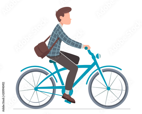 Office worker is riding on bike. Vector illustration.