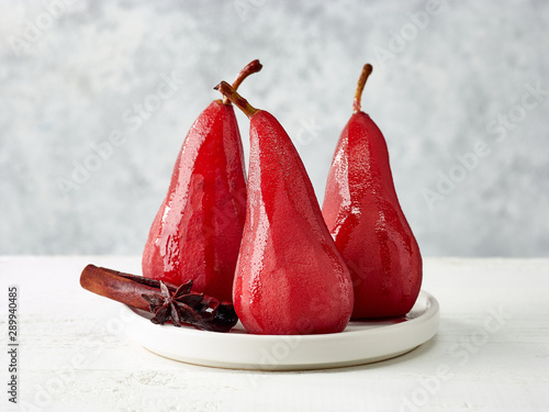 Pears poached in red wine