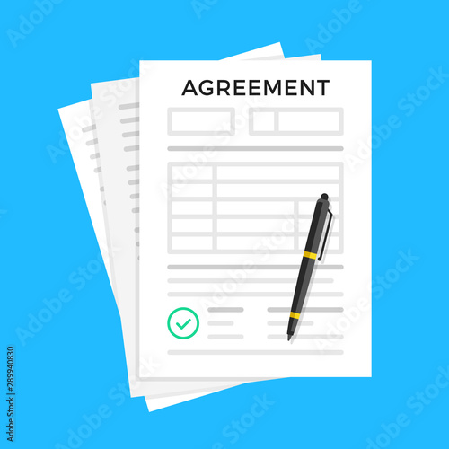 Agreement. Document with green check mark and pen. Flat design. Vector illustration