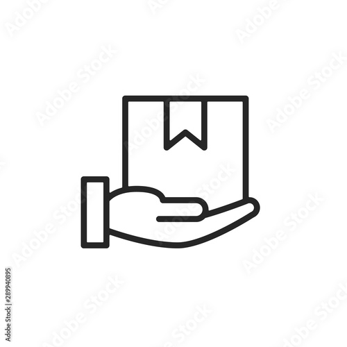 Delivery icon. Hand holding package. Shipment, shipping, courier service concepts. Simple thin line design. Vector icons