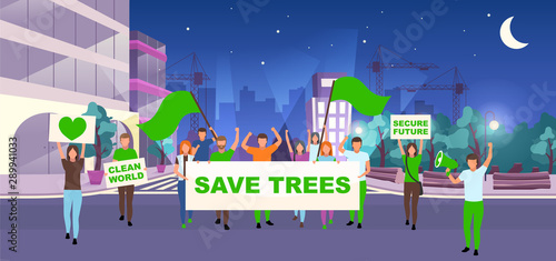 Save trees social protest event flat vector illustration. Environment protection movement, activism concept. Protesters, activists with placards, banners on night street cartoon characters