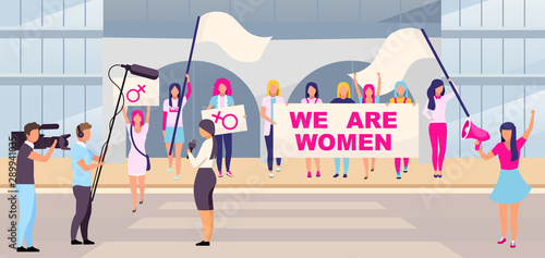 Feminist protest action flat vector illustration. Women rights protection movement, demonstration. Girl power meeting, social action. Female protestors with placards and flags cartoon characters