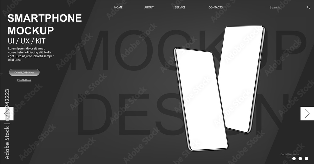 Dark webpage and smartphone mockups in isometric position.Mobile phones ...