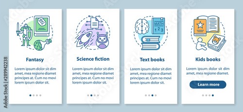 Books catalogue onboarding mobile app page screen with linear concepts. Fantasy, science fiction, kids books walkthrough steps graphic instructions. UX, UI, GUI vector template with illustrations