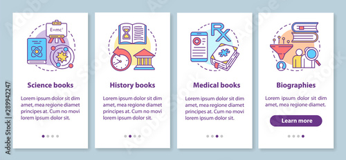 Books catalogue onboarding mobile app page screen with linear concepts. Different book genres walkthrough steps graphic instructions. UX, UI, GUI vector template with illustrations
