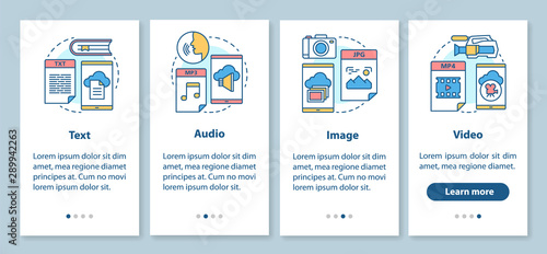 Digital library content onboarding mobile app page screen with linear concepts. Audio, image, video media types 4 walkthrough steps graphic instructions. UX, UI, GUI vector template with illustrations