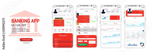 Banking App UI, UX, Kit mockups screens for mobile banking or website with different GUI. Red modern interface in four thoughtful screens. (Card management, Money transfers, Payment and statistic)