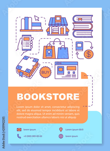 Bookstore poster template layout. Buying books online. Ebook purchase. Banner, booklet, leaflet print design with linear icons. Vector brochure page layouts for magazines, advertising flyers