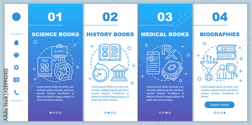 Books catalogue onboarding mobile web pages vector template. Responsive smartphone website interface idea with linear illustrations. Different genres. Webpage walkthrough step screens. Color concept
