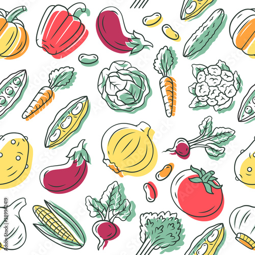 Vegetables vector seamless pattern. Veggies background. Healthy eating. White texture, hand drawn color icons. Dietary nutrition. Tomato, eggplant. Vegetarian food wrapping paper, wallpaper design