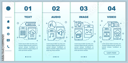 Digital library onboarding mobile web pages vector template. Media types. Responsive smartphone website interface idea with linear illustrations. Webpage walkthrough step screens. Color concept