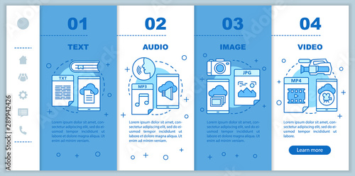 Digital library onboarding mobile web pages vector template. Media types. Responsive smartphone website interface idea with linear illustrations. Webpage walkthrough step screens. Color concept