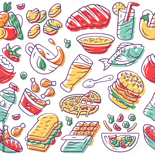 Food vector seamless pattern. Nutrition background. White texture, hand drawn color icons. Culinary semi-finished products. Pizza, burger. Fish and meat. Fast food wrapping paper, wallpaper design