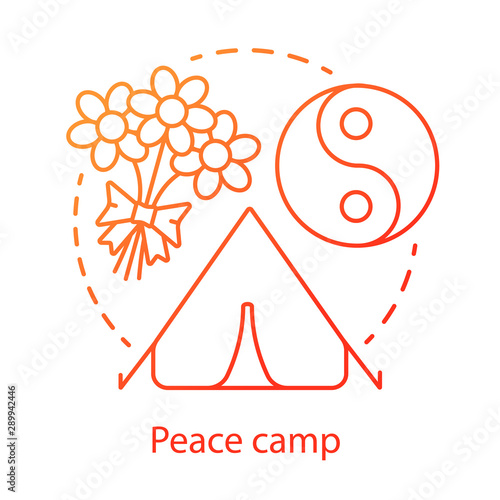 Peace camp concept icon. Anti war protest, hippie movement, pacifism idea thin line illustration. Yin yang symbol, tent and flowers bouquet vector isolated outline drawing. Peaceful resistance