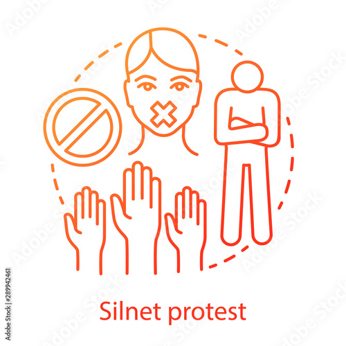 Silent protest concept icon. Civil disobedience, nonviolent resistance, boycott idea thin line illustration. Raised hands, stop sign, activist with taped mouth vector isolated outline drawing