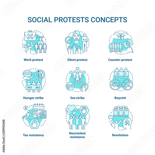 Social protests concept icons set. Public demonstrations, civil disobedience idea thin line illustrations. Political opposition, strikes and boycotts vector isolated outline drawings. Editable stroke