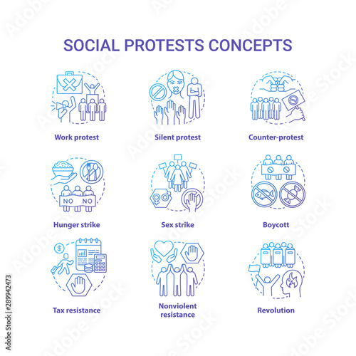 Social protests concept icons set. Public demonstrations, civil disobedience idea thin line illustrations. Political resistance and strikes vector isolated outline drawings. Government manifestation