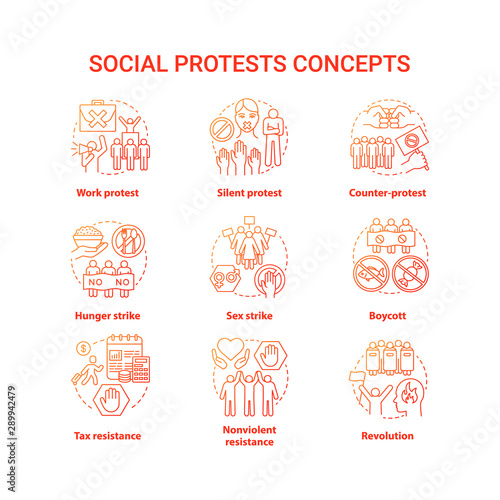Social protests concept icons set. Public opposition, civil disobedience idea thin line illustrations. Political resistance and strikes vector isolated outline drawings. Government manifestation