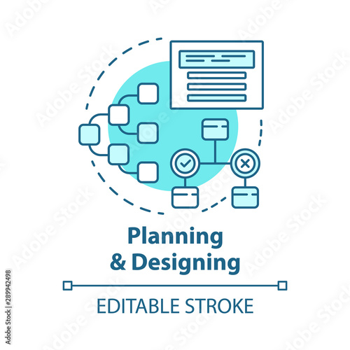 Planning and designing concept icon. System operation algorithm idea thin line illustration. Work structure, report. Systematization of requirements. Vector isolated outline drawing. Editable stroke