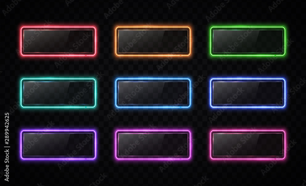 Neon color button set. Glowing line rectangle. Light effect. Glossy glass texture glare banner on transparent background. Web interface infographic internet site report square sign vector illustration