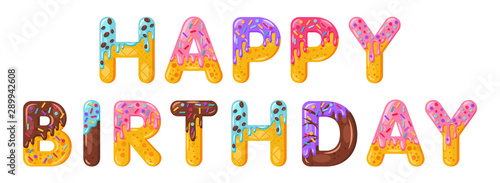 Happy birthday biscuit vector lettering. Glazed gingerbread inscription. Tempting flat design typography. Cookies letters phrase isolated on white. Biscuit word greeting card, banner element