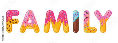 Family biscuit vector lettering. Glazed gingerbread inscription. Tempting flat design typography. Cookies letters phrase isolated on white background Biscuit word t shirt print, sticker banner element