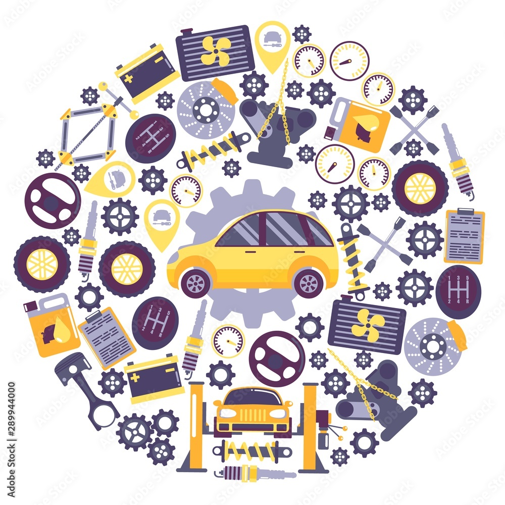 Car Maintenance Set Of Different Auto Accessories And Equipment On White  Background Isolated Vector Illustration Royalty Free SVG, Cliparts,  Vectors, and Stock Illustration. Image 66734956.