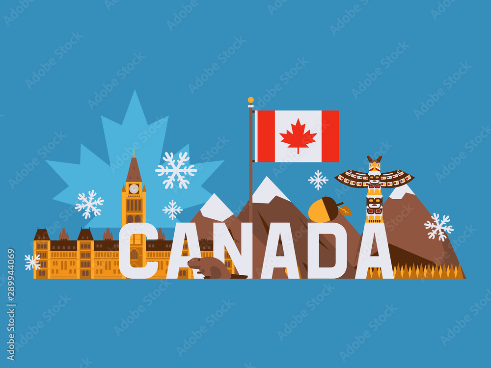 Main tourist symbols of Canada, vector illustration. Canadian flag with red maple leaf, mountains, totem pole, parliament building in Ottawa. Flat style collage