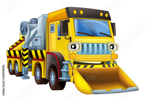 cartoon scene with tow truck looking and smiling with snow plow on white background - illustration for children