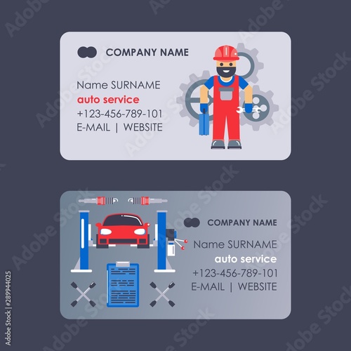 Car service business card design, vector illustration. Professional maintenance center, mechanic contact information, engineer assistance. Vehicle car repair, diagnostics and tuning