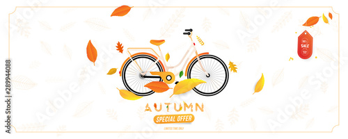Autumn Sale 50% special offer with women city bicycle. Template leaflet with colorful seasonal fall leaves for shopping sale on background. Flat vector illustration EPS 10
