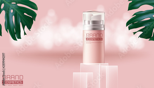 Cosmetic pink spray bottle on Monstera deliciosa and Pink background, realistic design, vector illustration.