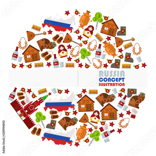 Russian symbols in round frame composition, vector illustration. Isolated flat icons of Russian culture and tradition. Map of Russia in flag colors, kremlin, bear, balalaika and samovar