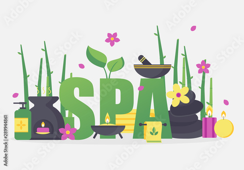 Spa symbols and accessories, vector illustration. Wellness center brochure cover, professional healthcare advertising poster. Oriental skin treatment in relaxing spa atmosphere
