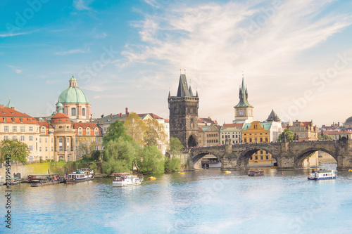 Beautiful view of Charles Bridge, Old Town and Old Town Tower of Charles Bridge, Czech Republic © marinadatsenko