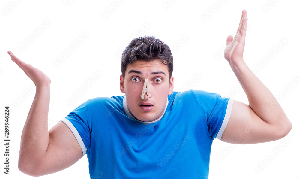 Man sweating excessively smelling bad isolated on white backgrou Man sweating excessively smelling bad isolated on white backgrou