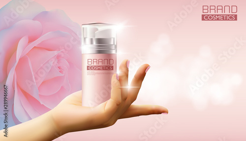 hand holding Cosmetic pink spray bottle on rose background, realistic design, vector illustration.